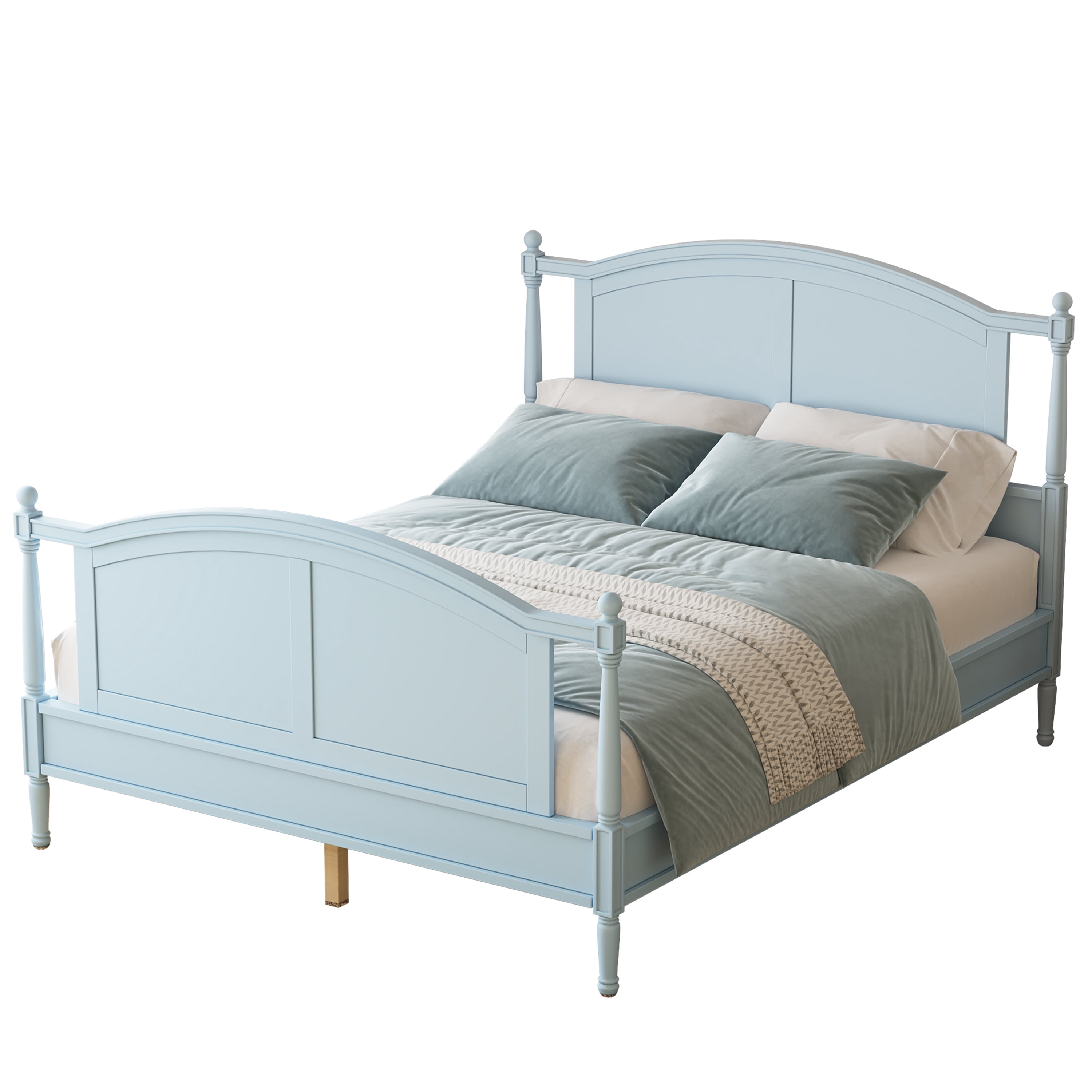 Mintazer Queen Size Farmhouse Platform Bed Frame with Arched Panel Headboard & Footboard, Cottage Panel Bed Frame with Spindle Posts & Slat Support for Bedroom Guest Room, Light Blue