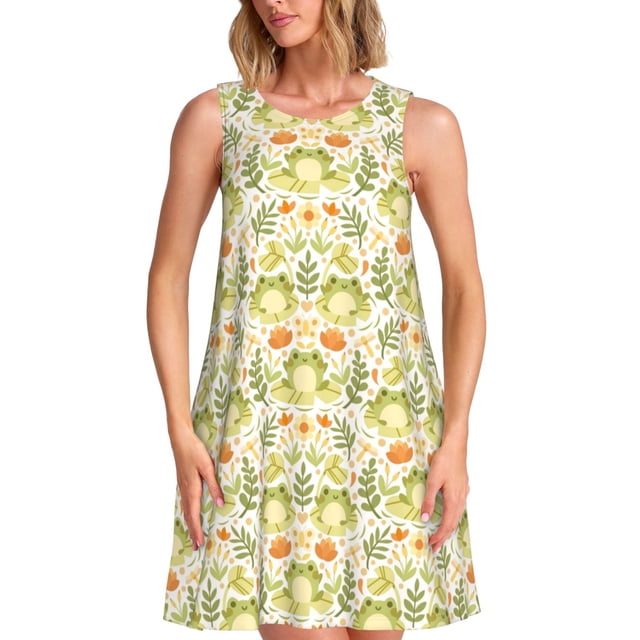 Easygdp Frogs And Botanical para Vestido Transpirable de Mujer, Vestido Suelto de Manga Corta con Pliegues y Bolsillos para el Verano