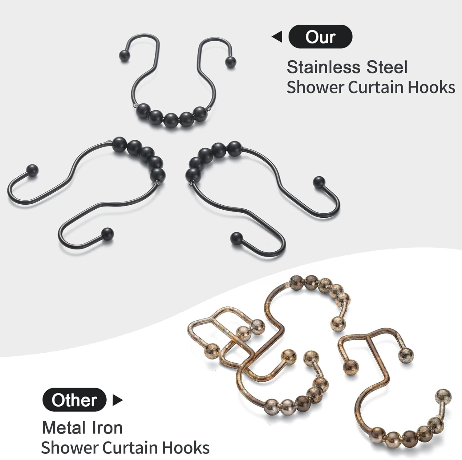 Shower Curtain Hooks, 12 Pcs Rings, Stainless Steel Black Rings Rust Proof, Smooth Sliding Anti-Drop Double for (Black)
