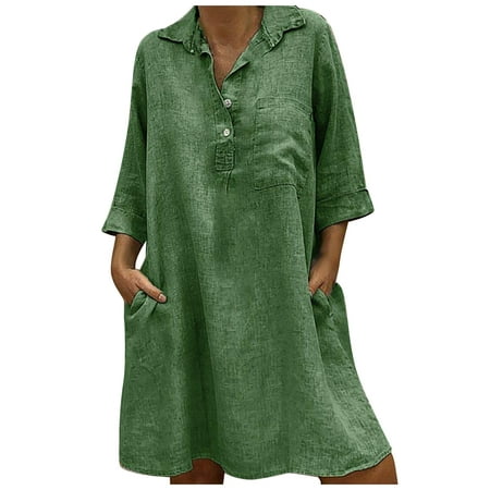 Dadaria Winter Casual Dresses for Women 2022 Fashion Women Loose V-Neck Solid 3/4 Sleeve Cotton And Linen Dress Green XL,Women