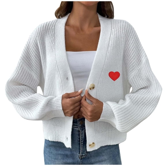 Erwazi Women's Solid Knit Sweater Cardigan Open Front Heart Print Long Sleeve Cozy Spring Fall Outerwear