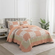 EWAYBY King Quilt Bedding Set 3-Piece Bedspread Coverlet Set Reversible Floral Patchwork Quilt Sets, Pumpkin