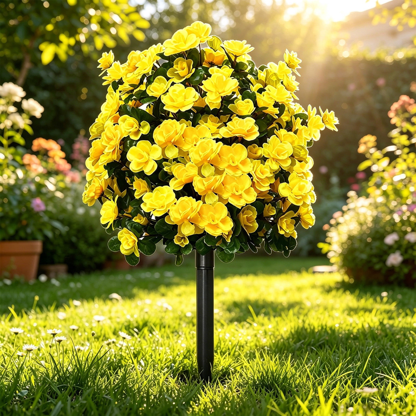 Flower Tree - Rhododendron, Yellow Fabric Flowers, Lifelike Green Leaves, Durable Plastic Stalk, Outdoor Decoration, Fashionable Scene Arrangement, to Insert, Garden, Patio, Yard, UV-Resistant