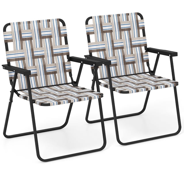 Gymax Chaise de Plage Pliante pour Pelouse, Chaise de Sable Portable, Ensemble de 2 avec Design Tressé Élégant, Café