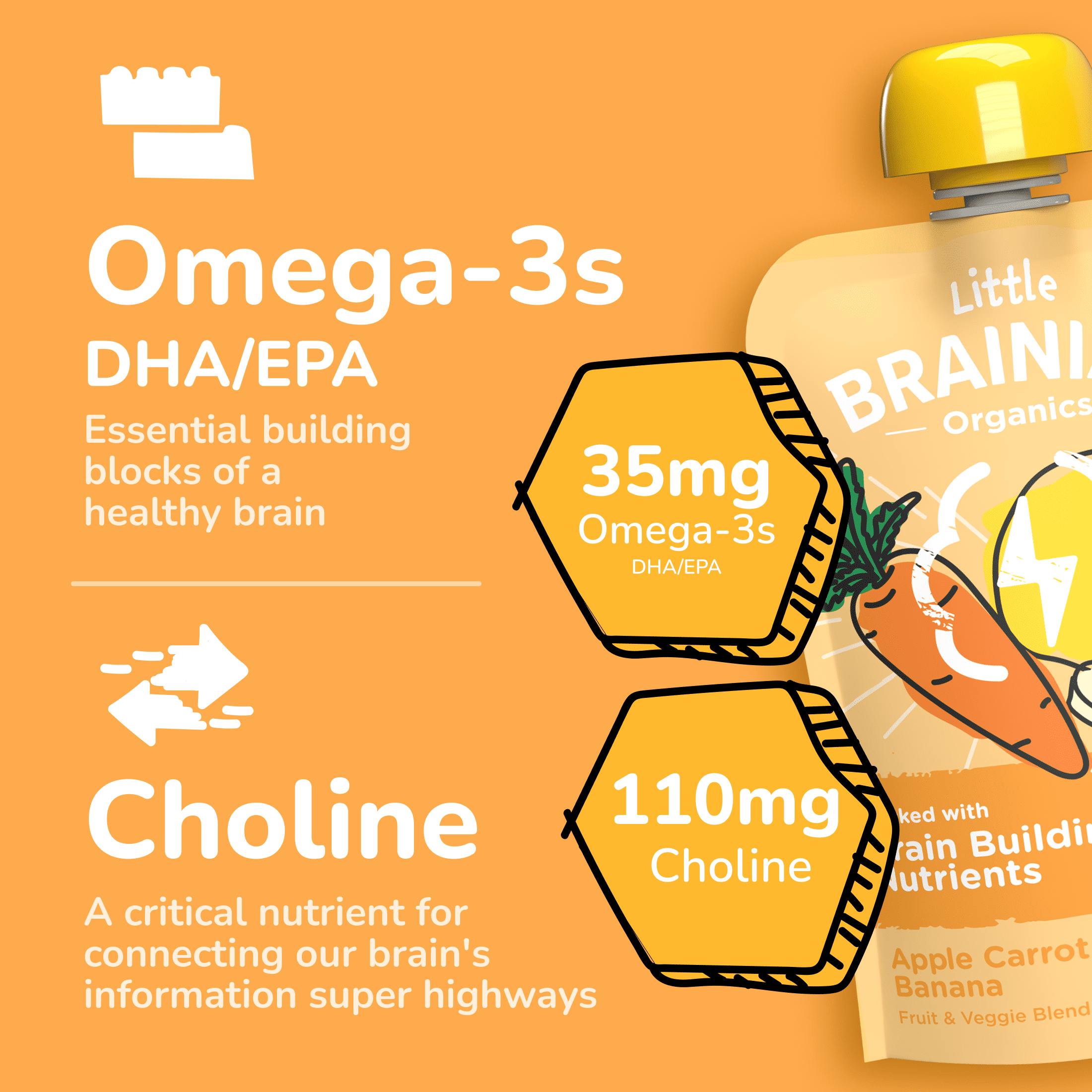 Little Brainiac Organic Fruit & Veggie Baby Food Pouch with Omega-3s, Apple Carrot Banana, 3.5oz, 6ct
