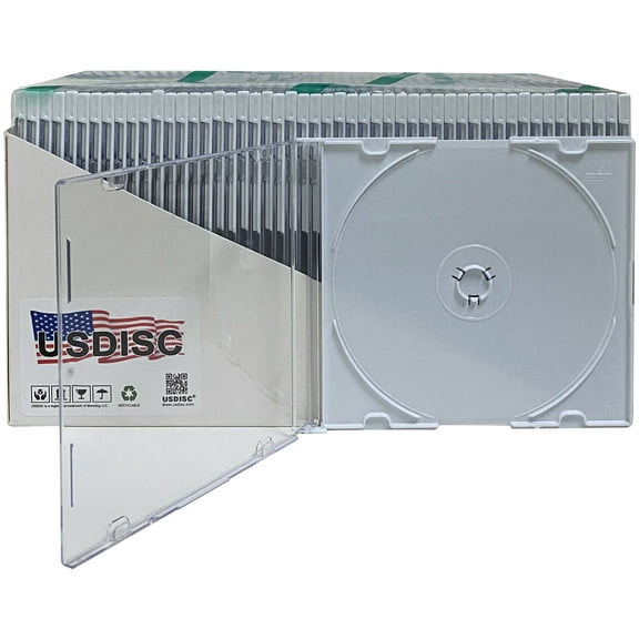 USDISC CD Jewel Cases Slimline 5.2mm, Single 1 Disc, White, Pack Of 2000