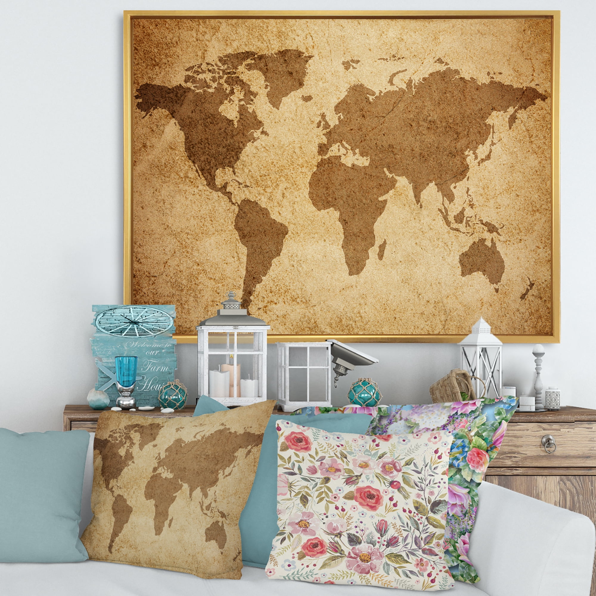 Designart 'Ancient World Map V' Vintage Framed Canvas Wall Art Print