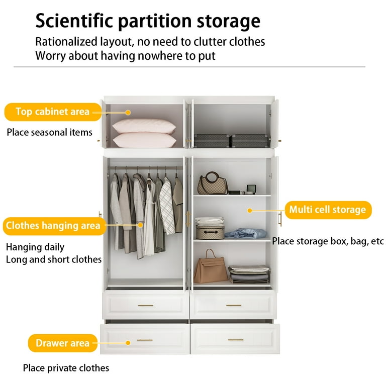 OXYLIFE Wooden 4-Door Wardrobe Armoire, Hutch, Shelves, Drawers