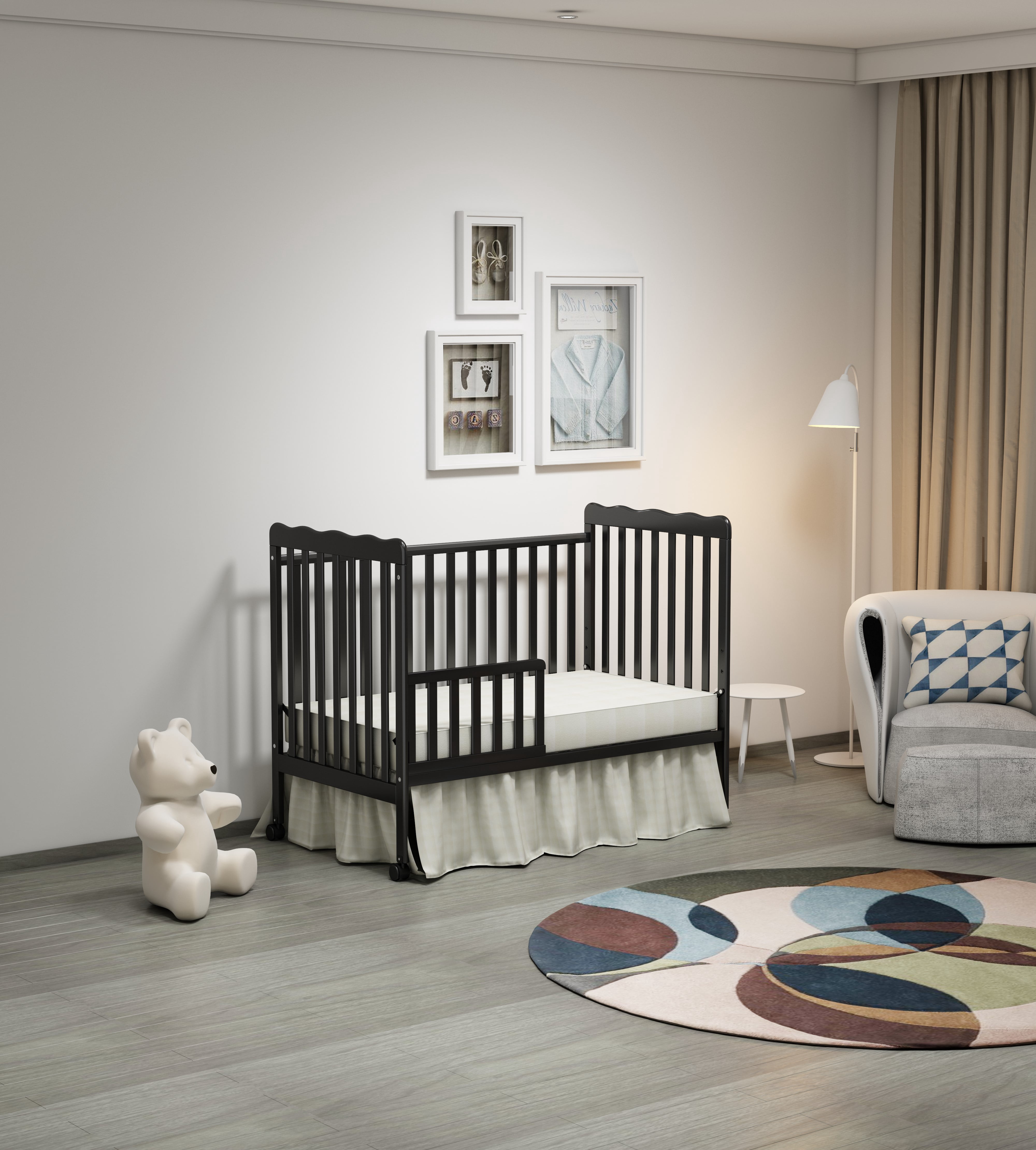 Euroco 3-in-1 Convertible Crib, Baby Crib with Drawers, Wood and Metal, Gray