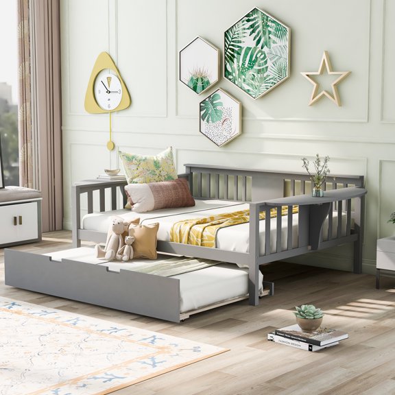 Gray Full Size Daybed with Twin Size Trundle, Wood Slat Suppor