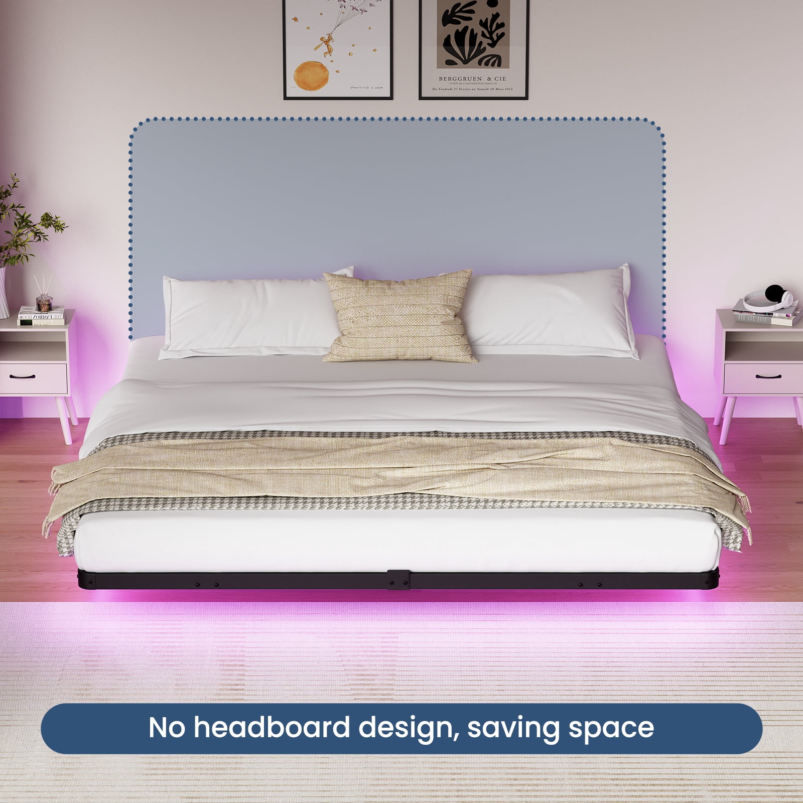 Lusimo King Size Floating Bed Frame with LED Lights Bed Storage Metal Platform Bed Frames with Steel Slat Support Anti-Slip Easy Assembly, Black