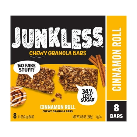 JUNKLESS Chewy Cinnamon Roll Granola Snack Bars, 1.1 oz, 8 Count