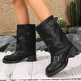 thumbnail image 4 of Fold over Mid Calf Boots for Women Vintage Leather Buckles Square Toe Chunky Heels Motorcycle Riding Tall Boots Black Size 6.5, 4 of 7