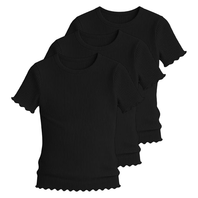 KyCheLot 3 Pack Ribbed Knit Tops for Girls Crew Neck Solid Color Short Sleeve T-Shirts Trendy Ruffle Trim T-Shirts
