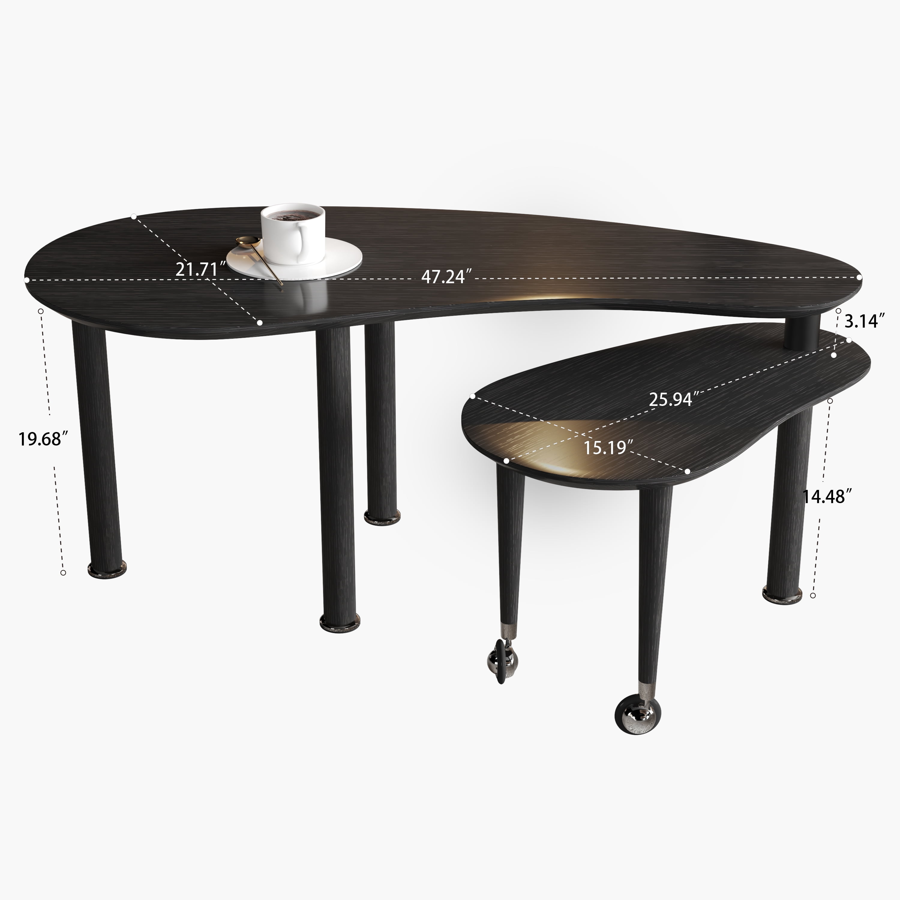 47.2 Inch 360 Degree Rotatable Coffee Table with Nesting Side Table, Modern Cocktail Table with Spacious Wood Grain Top and Solid Rubber Wood Legs, Available in Black/Walnut/Grey Brown