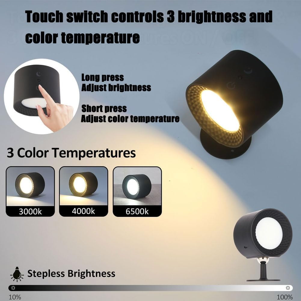 Smart Lights Wall Lamp, LED Wall Light for Pictures, Rechargeable 3 Color Temperatures Dimmable Magnetic 360° Rotation Cordless Wall Sconce for Study Bedroom Reading Hallway Bedside (2Set Black)