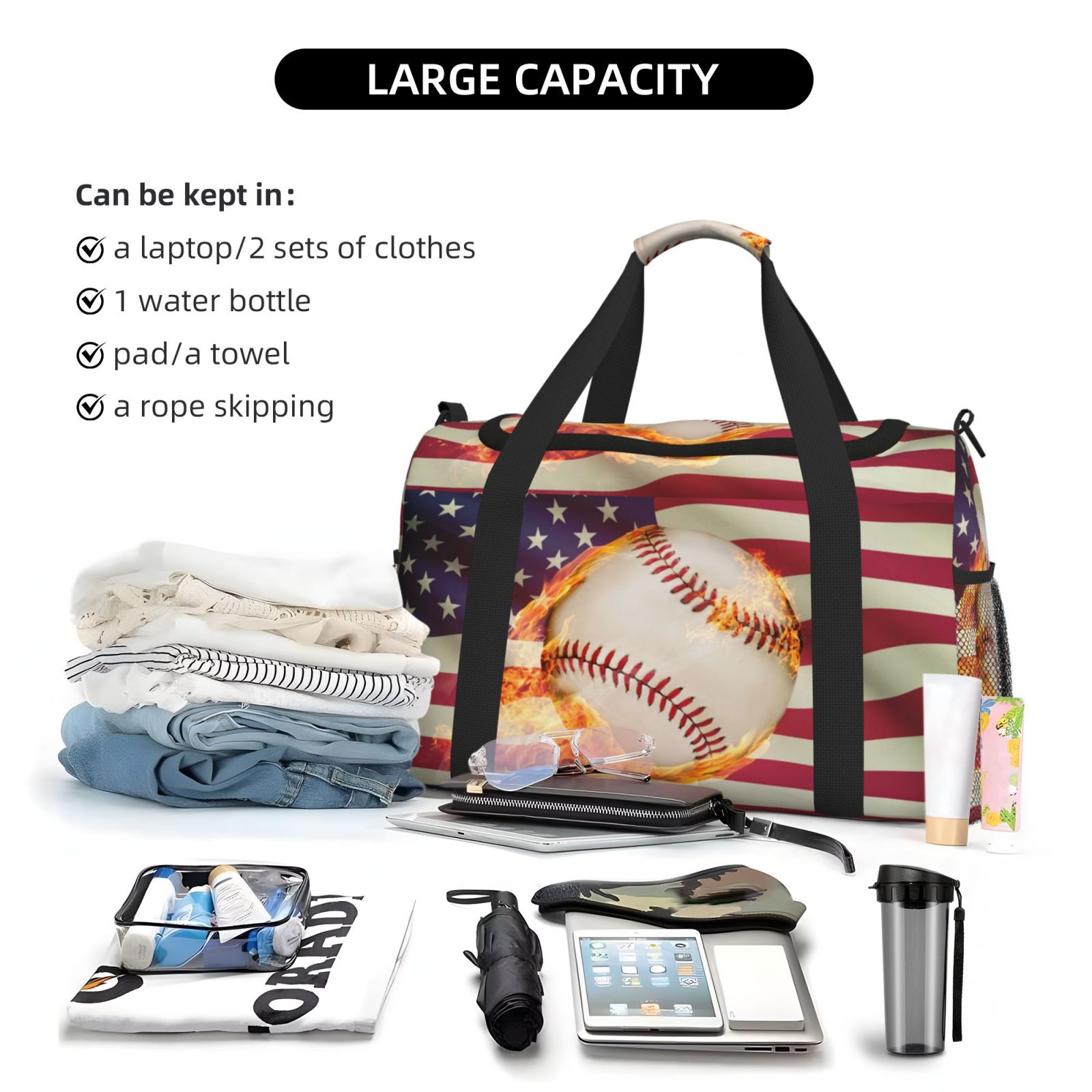 Defioc Baseball Ball With Flag Print Hand Travel Bag - Foldable Travel Duffel Bags for Men Women -Sport Gym Bag - Overnight Travel Duffel Bag - Adjustable Shoulder Strap