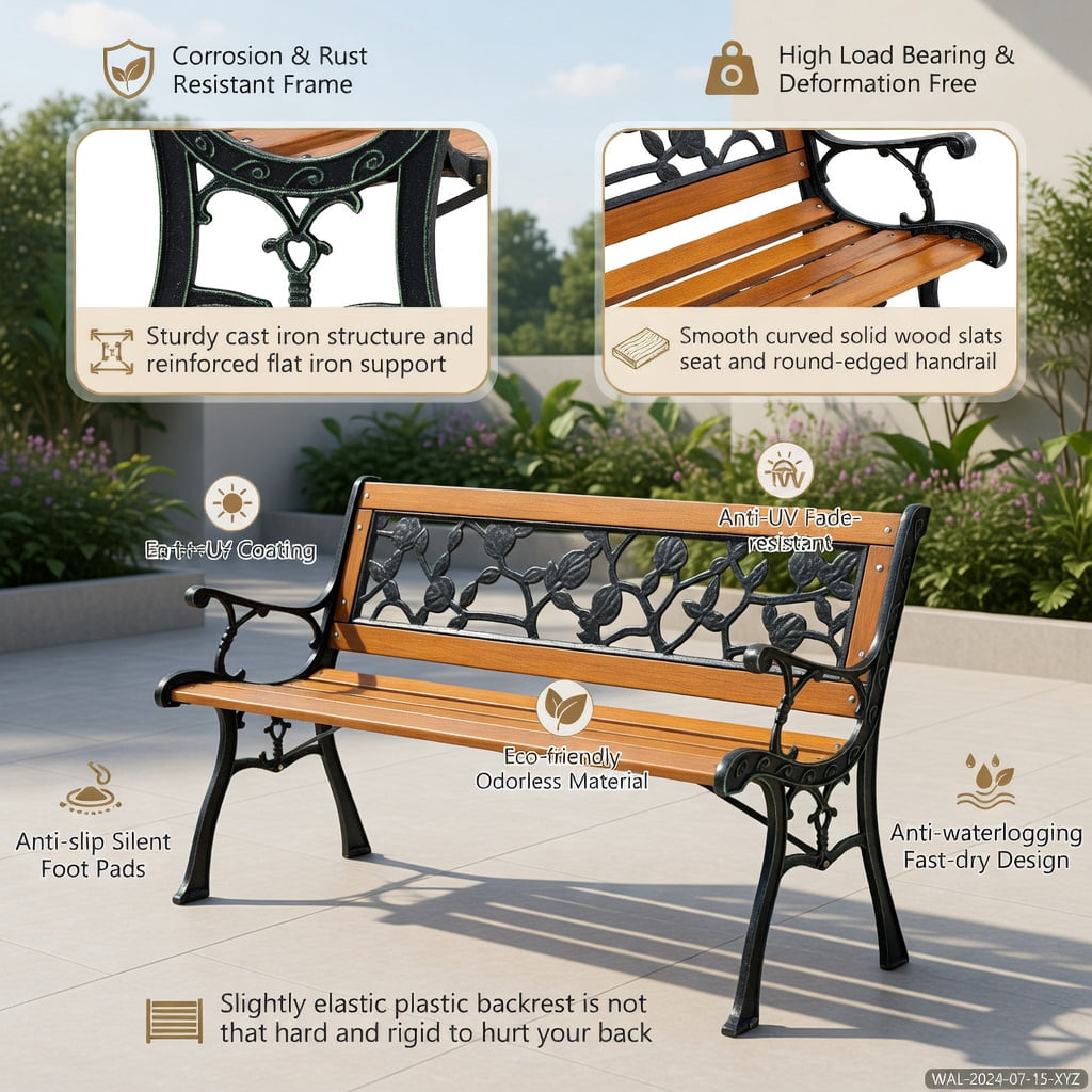 Hommoo 49.5" Cast Iron & Solid Wood Outdoor Garden Bench, Patio, Porch, or Yard Seating, Black + Natural