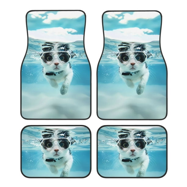 Fotbe Swimming Cat Goggles Juego de 4 Tapetes para Auto con Estampado – Alfombrillas de Goma Reforzada, Diseño Antideslizante, Protección para Todo el Año – Vehículos, Autos, Camionetas y SUVs