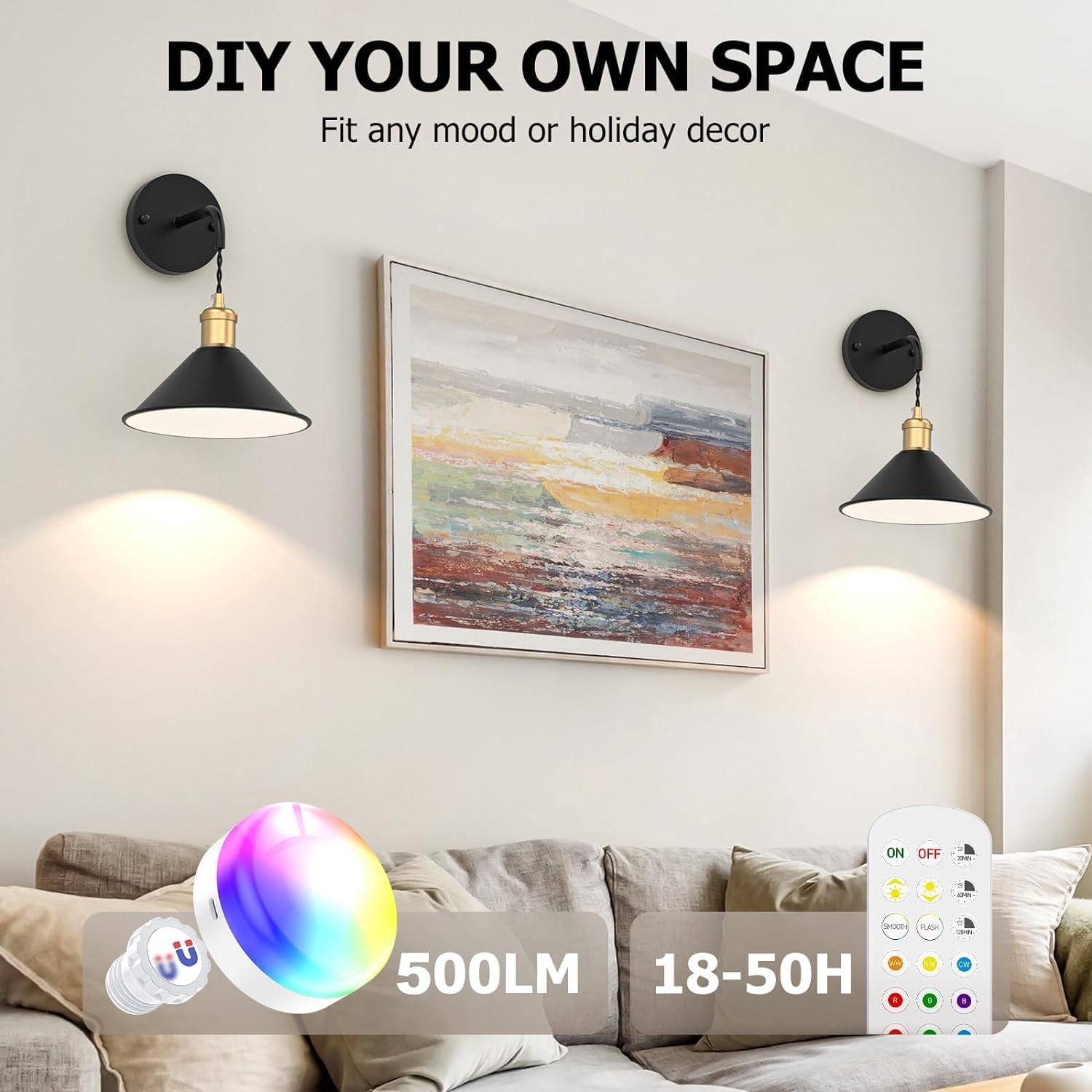 Laboreducer Battery Operated Wall Sconce Set of 2, 5000mAh Rechargeable High Brightness Wall Lamp, 3 Color Temperature RGB Wall Lights with Remote, Memory Function,Timer for Bedroom Living Room