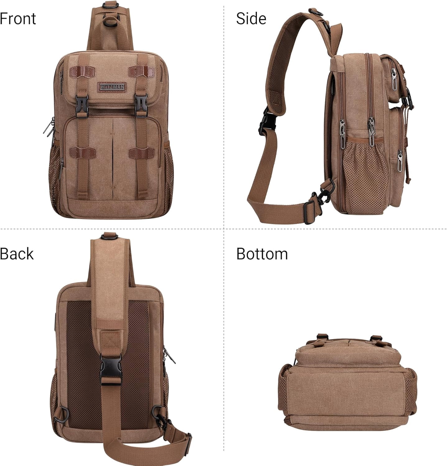 WITZMAN Sling Bag for Men Canvas Large Chest Bags Crossbody Bag with USB Charging Port for Travel Daily Work(A8019 Brown)