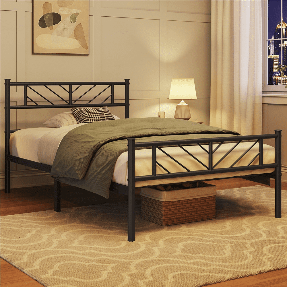 Renwick Justice Twin Size Metal Platform Bed with Arrow Design, Adult, Black
