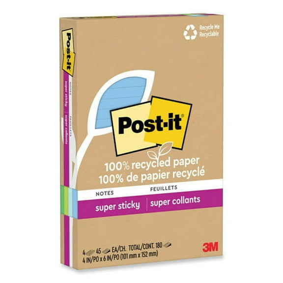 100% Recycled Paper Super Sticky Notes, Unruled, 3" x 3", Assorted Oasis Colors, 70 Sheets/Pad, 12 Pads/Pack | Bundle of 2 Packs