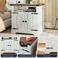 thumbnail image 5 of HOOBRO Farmhouse End Table with Charging Station, 23.6" Large End Tables for Living Room, Sofa Side Table with Barn Door, Wooden Square Nightstand Bedside Table, Flip Top, White and Walnut WH601UBZ01, 5 of 12