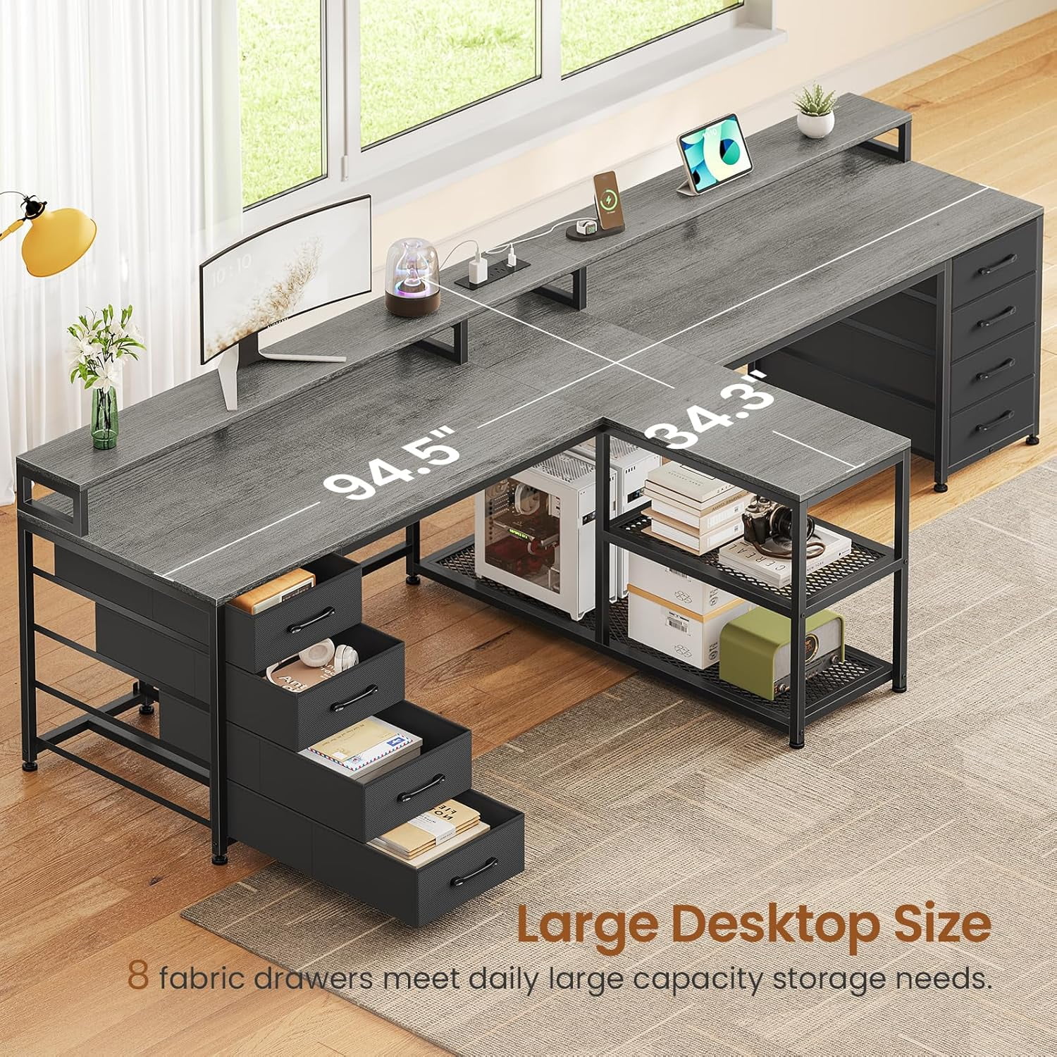 2 Person Desk with Storage, 94.5" Long Desk with 8 Drawers and Open Shelves, Home Office Desk with Monitor Stand and Power Outlets, Gaming Desk Dual Person Desk with LED Lights, Grey