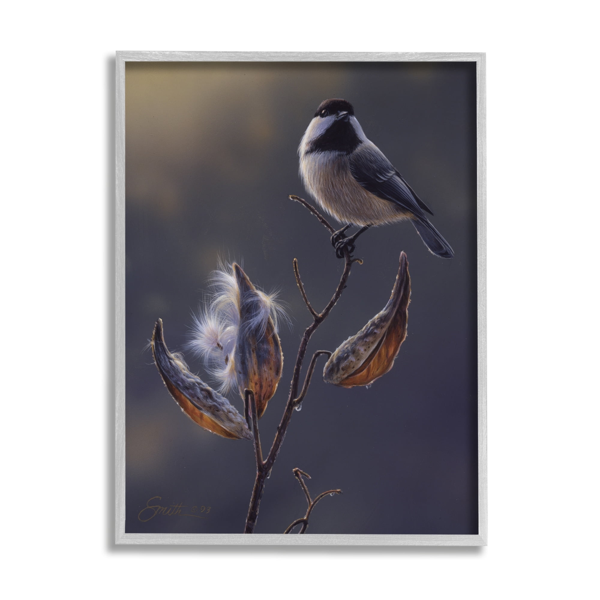 Stupell Industries Bird Perched Floral Seed Pods Animals & Insects Painting Gray Framed Art Print Wall Art