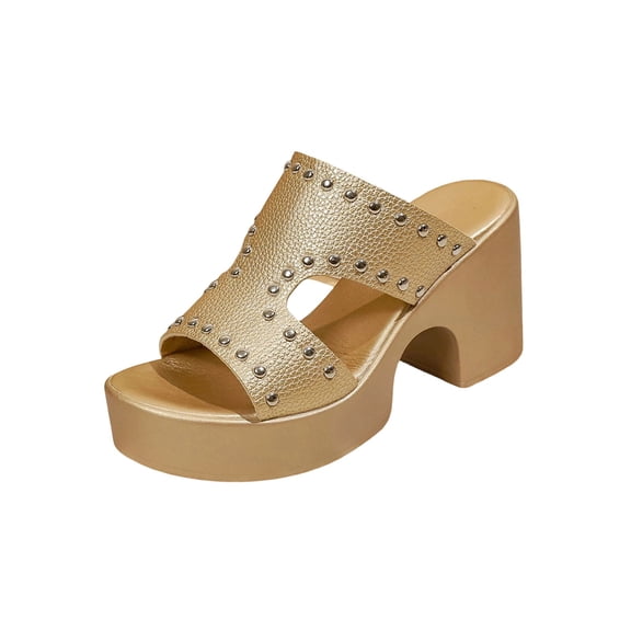 Xfvqtps Womens Sandals Chunky Mid Heel Slippers Metallic Studded Open Peep Toe Casual Shoes for Spring Summer Fashion