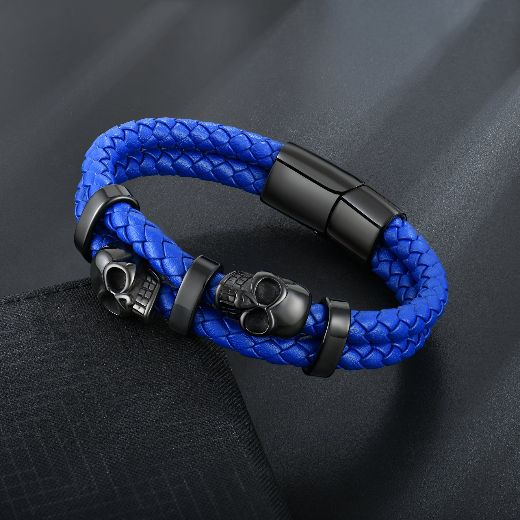 Raymard Mens Skull Double Row Leather Bracelet,Skull Blue Braided Bracelet for Men, Mens Punk Jewelry