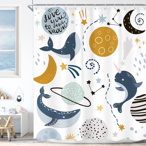 Cortina de ducha para niños con diseño de ballena, espacio, océano, dibujos animados, planeta, lindo océano, mar, animal, universo, galaxia, luna, estrellas, cosmos, juego de baño, cortina de baño de