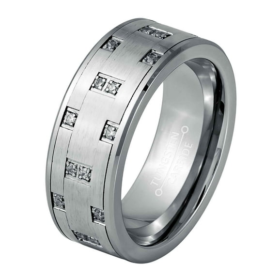 Jewelry Avalanche Pipe Cut CZ Accent Tungsten Wedding Band, Mens Engagement Band, Comfort Fit 8MM