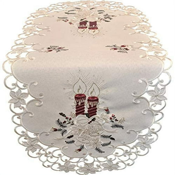 Doily Boutique Christmas Table Runner with Burgundy Candles on Ivory Burlap Style Fabric Size 54 x 15 inches