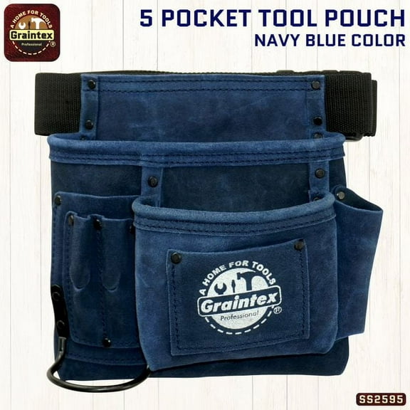Graintex SS2595 :: 5 POCKET NAIL & TOOL POUCH NAVY BLUE COLOR SUEDE LEATHER WITH BELT