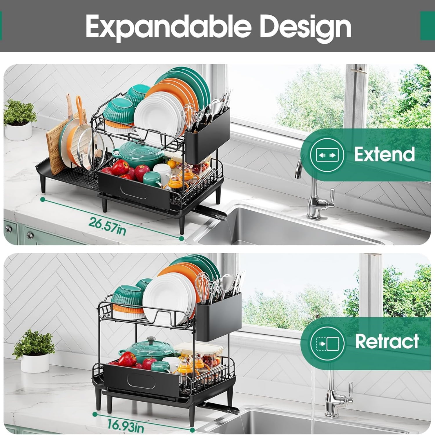 Dish Drying Rack for Kitchen Counter, Expandable 2 Tier Dish Rack, Large Capacity Dish Drainer with Drainboard Multifunctional Dish Strainer with Removable Cutlery Holder Black