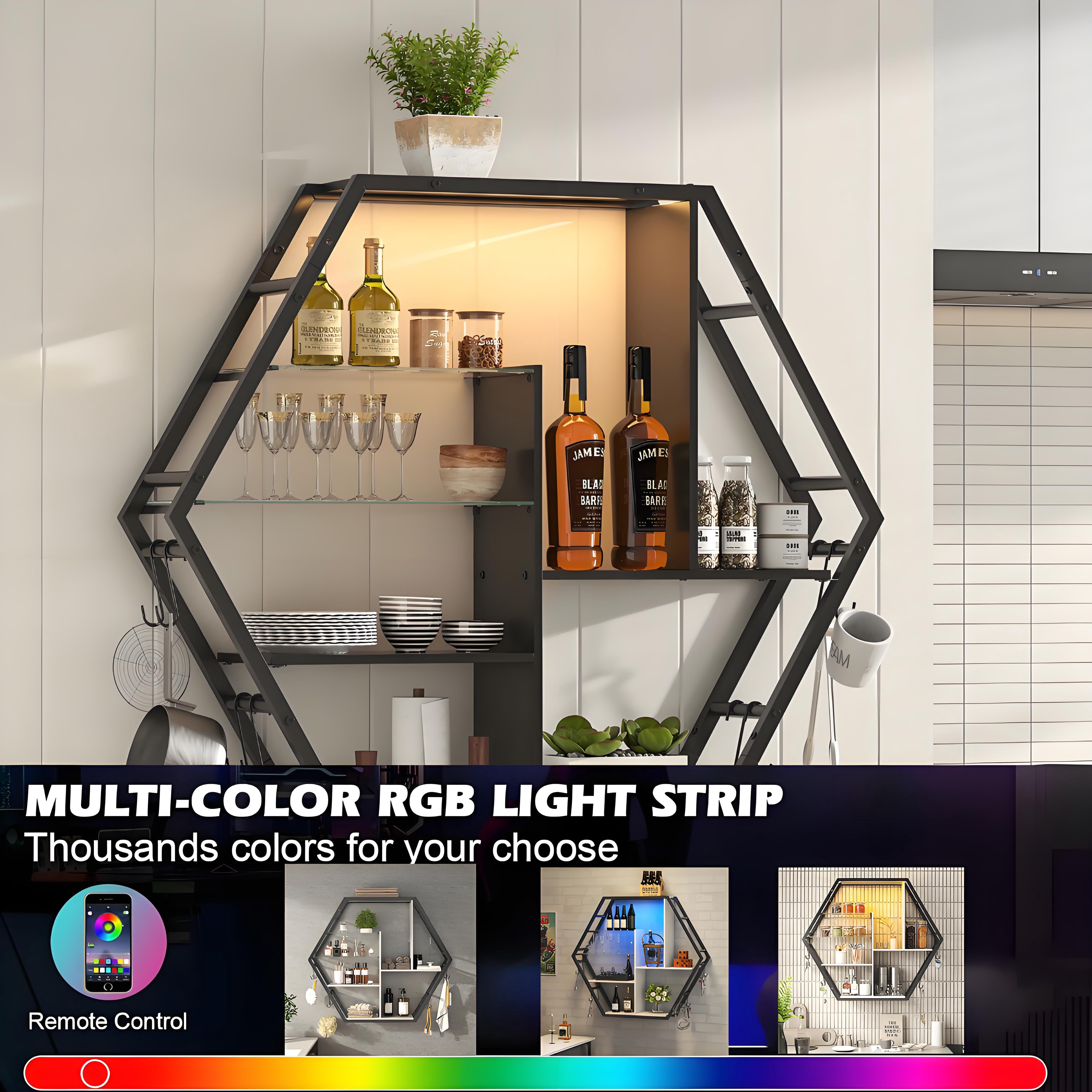 Floating Shelves with Lights, Led Shelves for Wall, Gaming Room Decor Display Shelf, Lighted Bar Shelves, Extra Hanging Hooks Storage, Sturdy Fast Assembly Great Weight Capacity