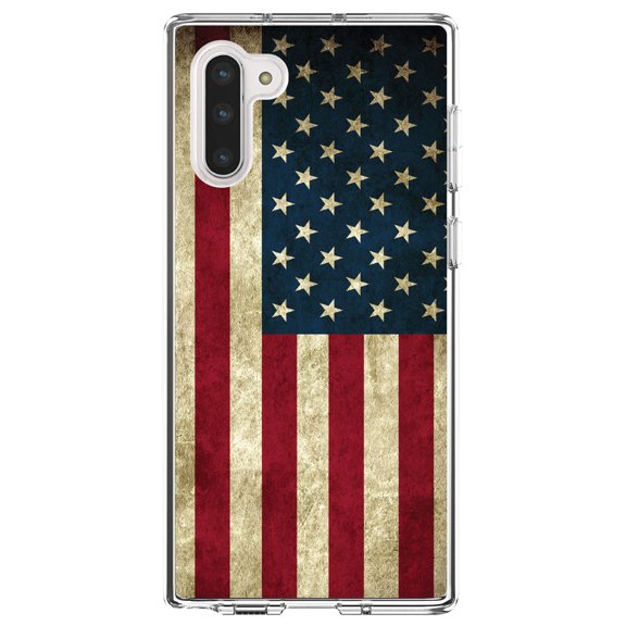 DistinctInk Clear Shockproof Hybrid Case for Samsung Galaxy Note 10 (6.3" Screen) - TPU Bumper, Acrylic Back, Tempered Glass Screen Protector - Red White Blue United States Flag Old - America