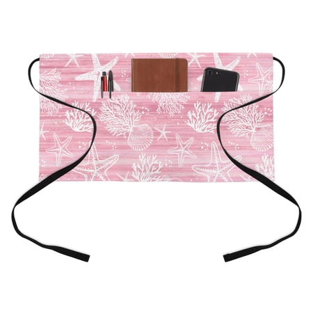 Ocean Half Waist Apron Summer Beach Sea Star Coral Shell Pink Texture Short Waiter Aprons with 3 Pockets for Women Men Kitchen Restaurant Cooking