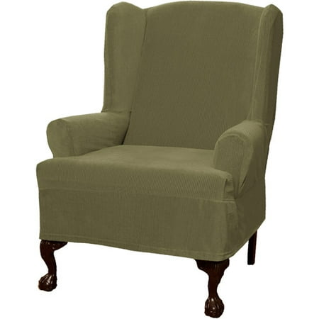 Zenna Home Narrow Stripe Patterned 1-Piece Wing Chair Stretch Slipcover, Moss