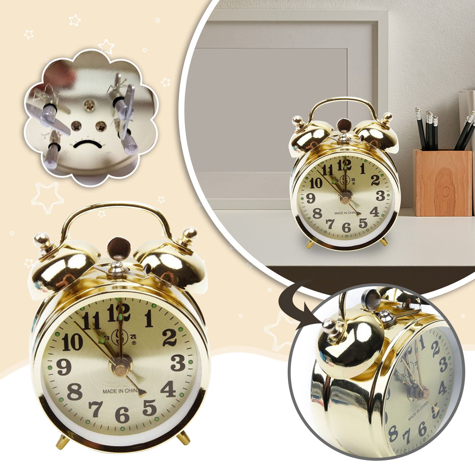Vintage Manual Wind-Up Analog Alarm Clock, Loud Ringtone, Retro Backlight, Desk Nightstand Use