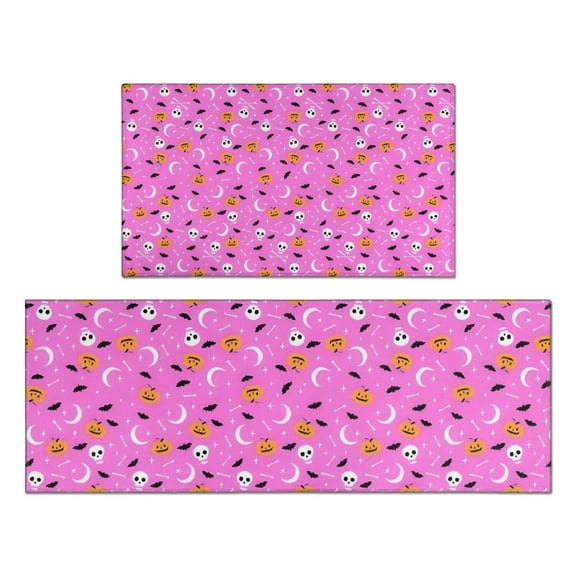 Pink Halloween Pattern Kitchen Rugs Sets Of 2,Anti Fatigue Kitchen Mat Rugs Non Slip Washable,Decorative Kitchen Floor Mats for Kitchen,Sink,Laundry,17"x30" 17"x47"