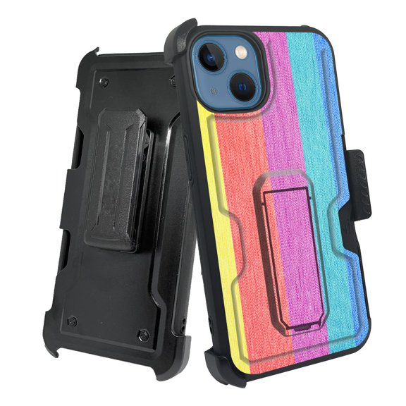 ANJ  Rugged Shockproof Holster Case w/Card Slot, Kickstand   Tempered Glass for iPhone 13 (6.1") - Pastel Bars