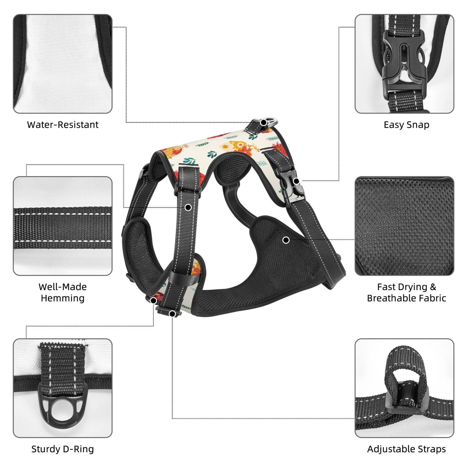 Kdxio Flower Chicken Print No Pull Dog Harness Adjustable Reflective Oxford Easy Control Medium Large Dog Harness for Training and Everyday-Small