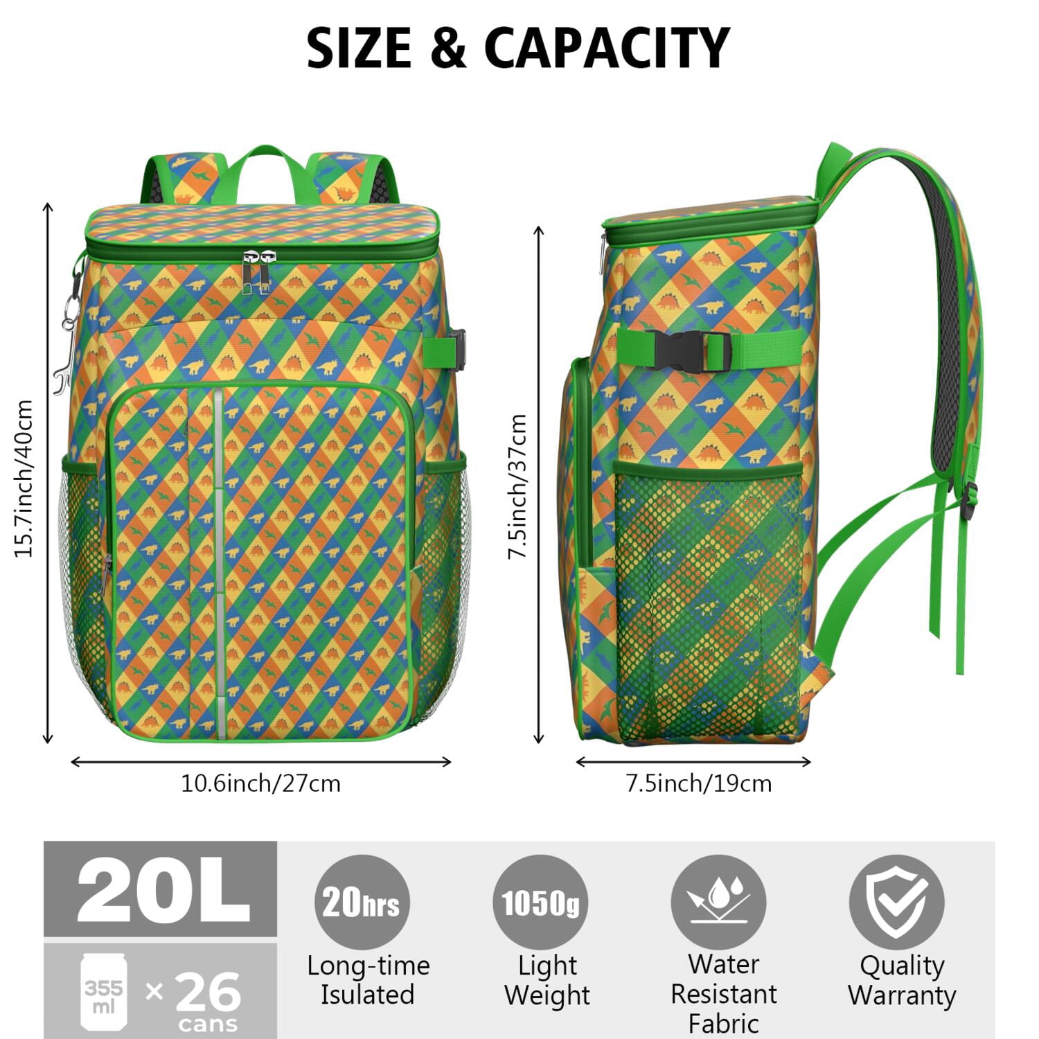Travel Cooler Bag - Colorful Checkered Dinosaurs Pattern Camping Beer Cooler Backpack with Bottle Opener- Waterproof Insulated Picnic Backpacks - Cooler Bag for Beach