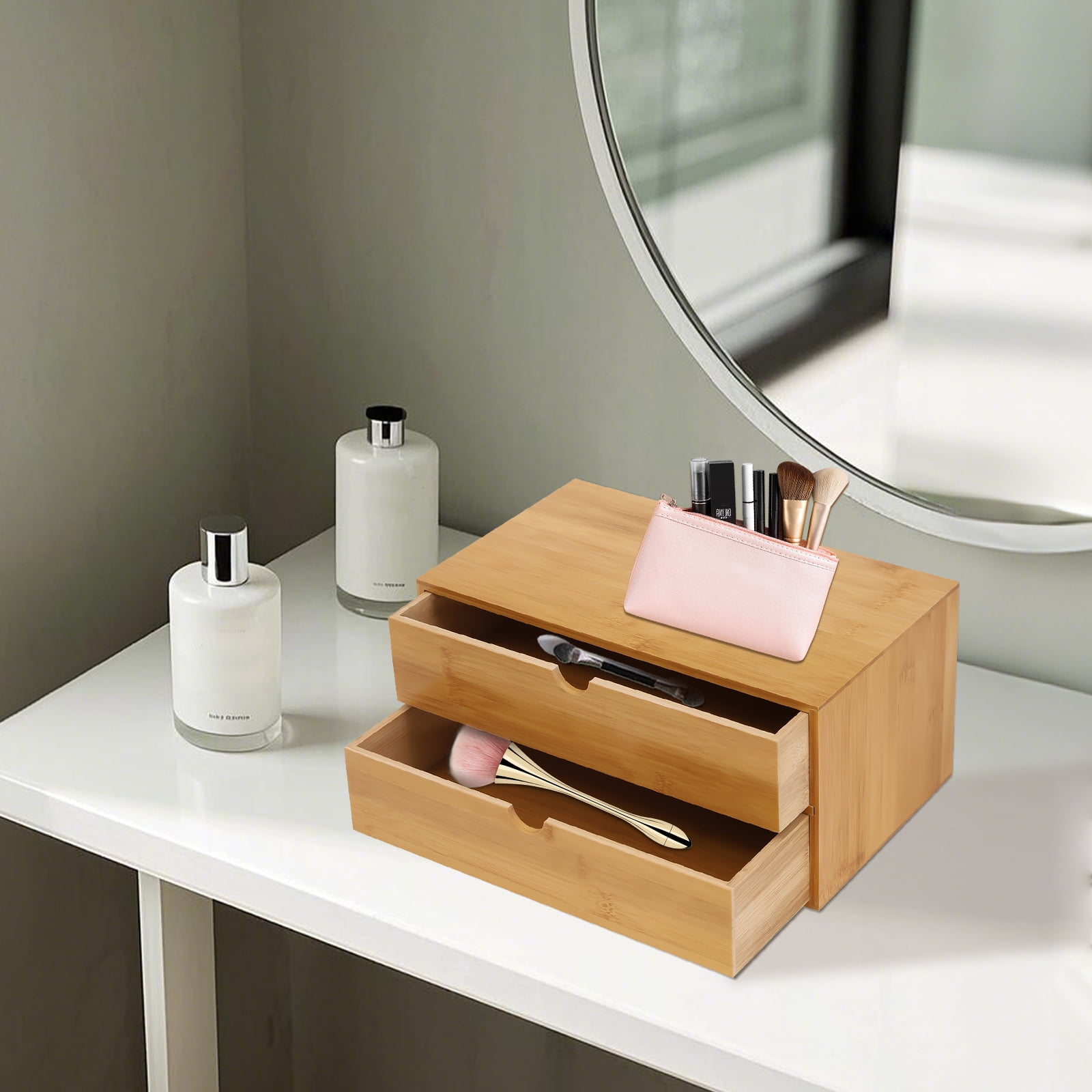 Peakora Wood Desk Organizer Mini Bamboo Desk Drawer Tabletop Storage Organization Box for Office Home Toiletries Supplies, No Assembly Required