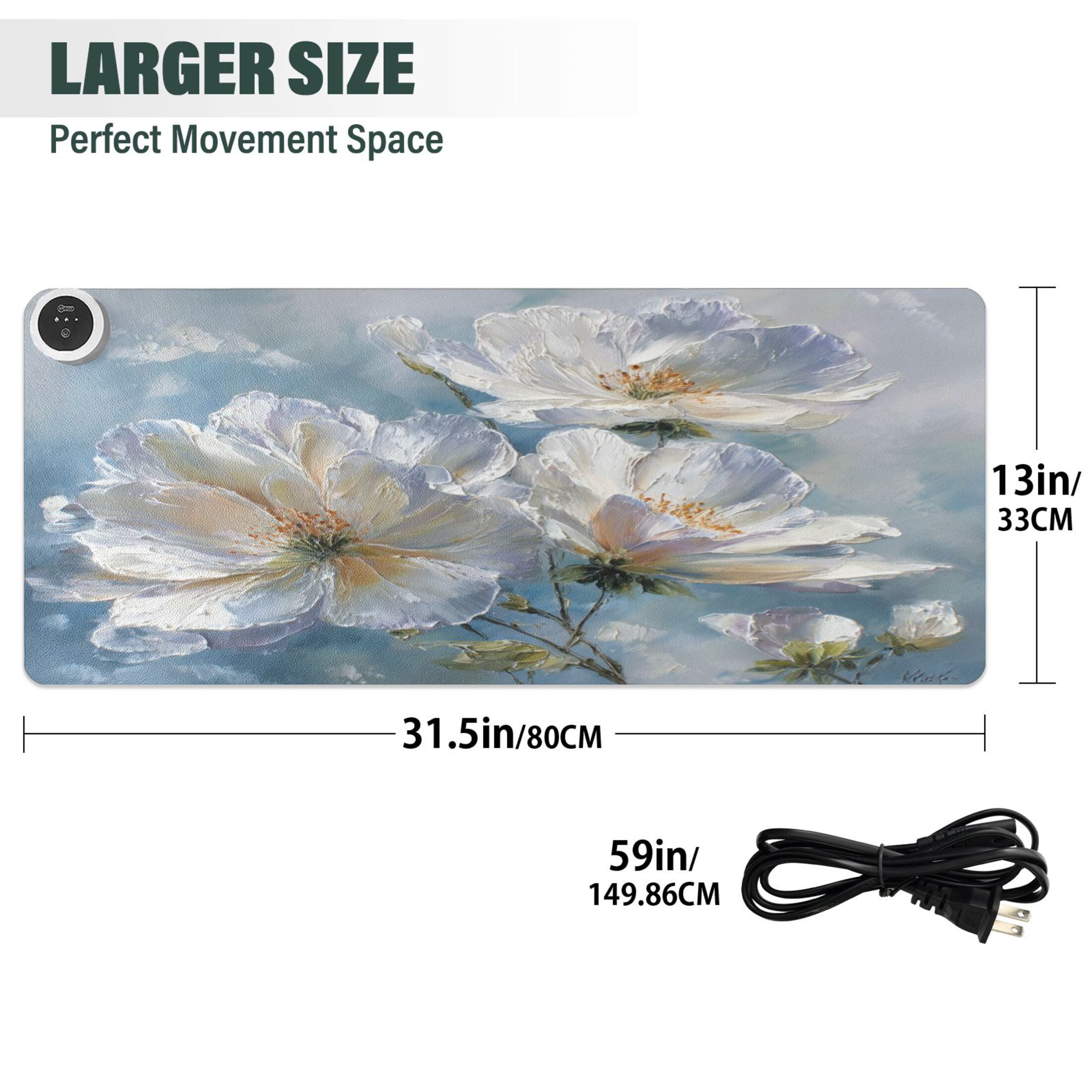Wobogo White Flowers Heated Mouse Pad Extra-Large Desk Mat With 3 Heating Levels and 3-hour Auto Shut-Off Protection Ideal for Computer Keyboards Home Office Hand-warming Essential 31.5in × 13in