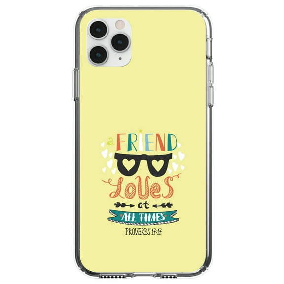 DistinctInk Clear Shockproof Hybrid Case for iPhone 11 (6.1" Screen) - TPU Bumper, Acrylic Back, Tempered Glass Screen Protector - Proverbs 17:17 - A Friend Loves at All Times