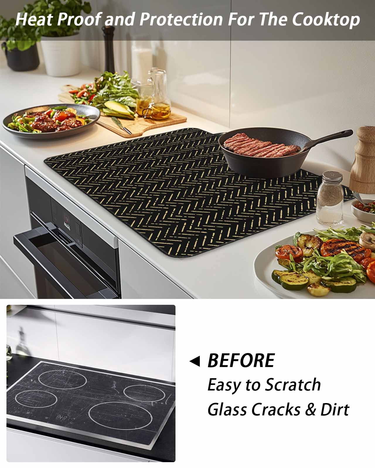 Stove Top Covers for Electric Stove, Black Yellow Geometric Glass Stovetop Cover Protector, Modern Abstract Art Striped Induction Cooktop Protector Oven Mat for Kitchen Countertop 24"x21"